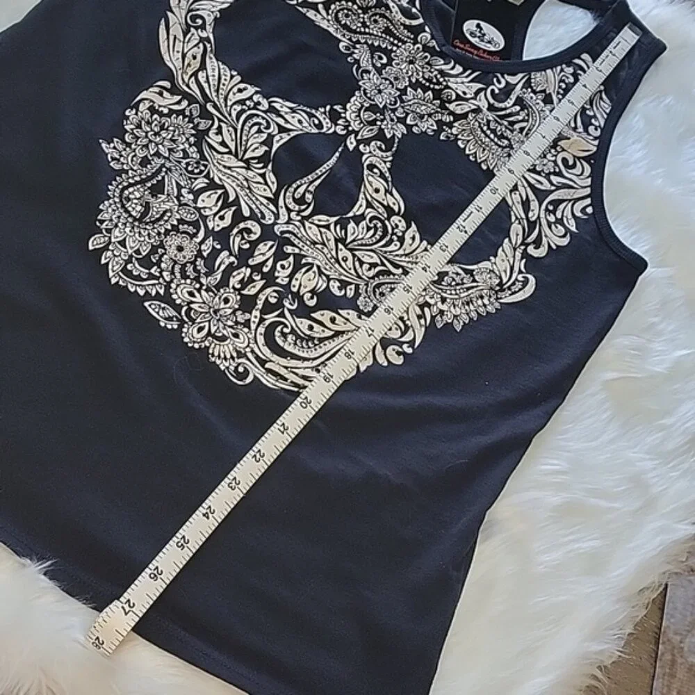 VOCAL Black Ivory Rhinestone Paisley Floral Skull‎ Graphic Biker Punk Tank Top L - Picture 8 of 8